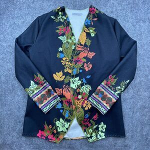 Misslook Cardigan Womens M/Large Black Autumn Leaves Open Fleece Cottage Grandma